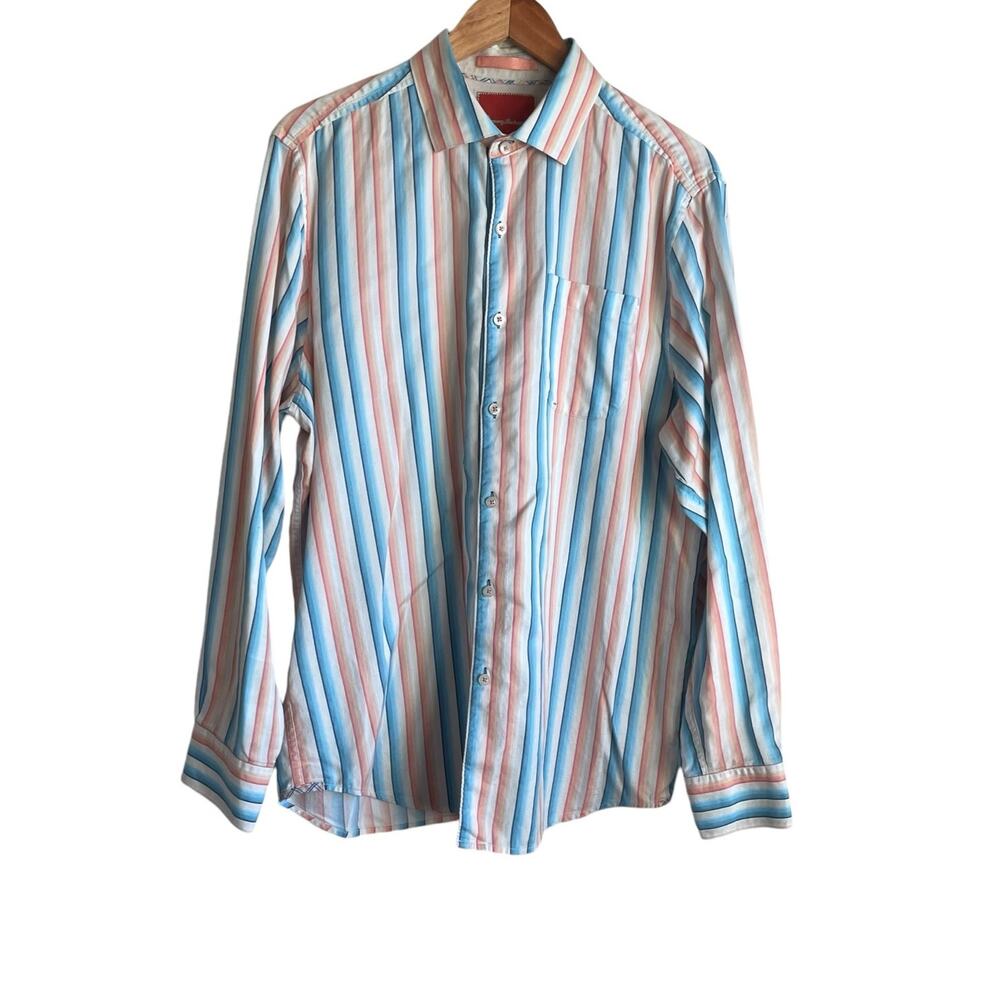 Tommy Bahama Mens Shirt XL Blue Orange Striped Button Up Preppy Office Travel